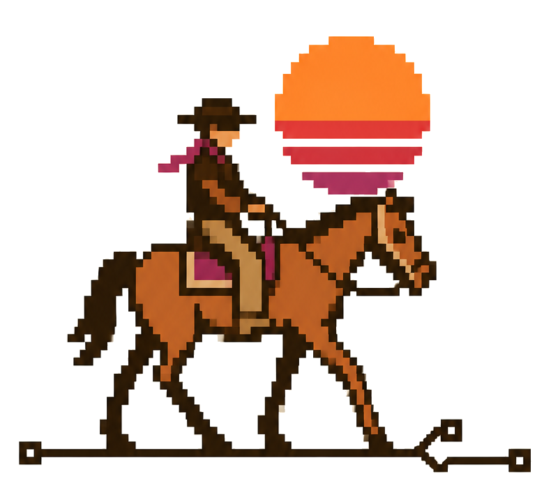 Pixel-art rider on horseback at sunset